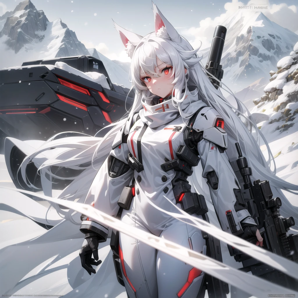 White hair, long hair, cat ears, 1 girl, red eyes,sci-fi military gear, sci-fi drones, white scarf (white scarf covering the neck), gray angelic halo, holding a realistic rifle, high quality, cute, no water marks, snow, mountain (snowy mountain)