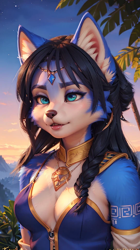 A beautiful and detailed (sweet portrait) wa ((Krystal)), Star Fox Krystal, sslim, lovable, green eyes, medium , (((Long blue hair 1.3))),  ((black hair tips)), look up,, anthro, furry, Uploaded E621, detailed fluffy fur, (wa Fluff-Kevlar, Bayard Wu, Personalami, Pino Daeni), detailed face, (fluffy), 1 girl, alone,  Tribal clothing, sweet girl, 
