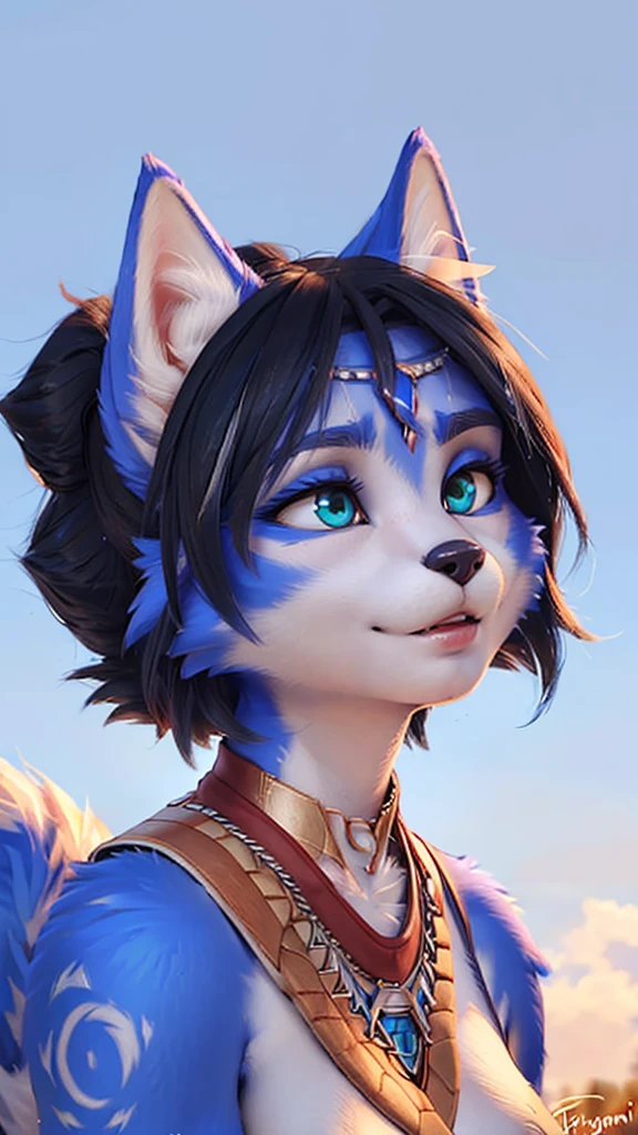 A beautiful and detailed (sweet portrait) wa ((Krystal)), Star Fox Krystal, sslim, lovable, green eyes, medium breasts, (((Long blue hair 1.3))),  ((black hair tips)), look up,, anthro, furry, Uploaded E621, detailed fluffy fur, (wa Fluff-Kevlar, Bayard Wu, Personalami, Pino Daeni), detailed face, (fluffy), 1 girl, alone,  Tribal clothing, sweet girl, 
