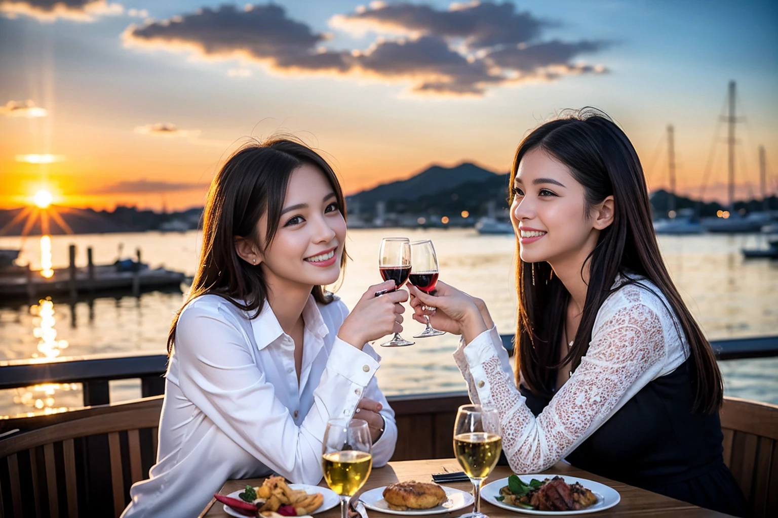 ((Highest quality、8K、masterpiece:1.3))、1 male 1 female、Lovers of Hakodate、Beautiful couple、Smile、full-course dinner、 (Slim face), (the body is スリム), (Brown Hair), (Shortcuts), ((Bob Hale、Straight hair:1.2)), テーブルの上のwine glass、Shine light on your face、 Amazing view of the sunset sky and clouds、The beauty of a smile、Bright image、Blushing, Shortcuts, (Age 35), 39 years old, Appetizers、Italian food、Wine bottle、Champagne、sparkling wine、Long sleeve shirt、dress、Attractive beauty、restaurant, Nova Frog Style, actress, model, Upper Body, White wine, red wine, wine glass,