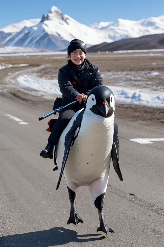 Please draw a picture of a penguin riding as a soldier on a tank.。