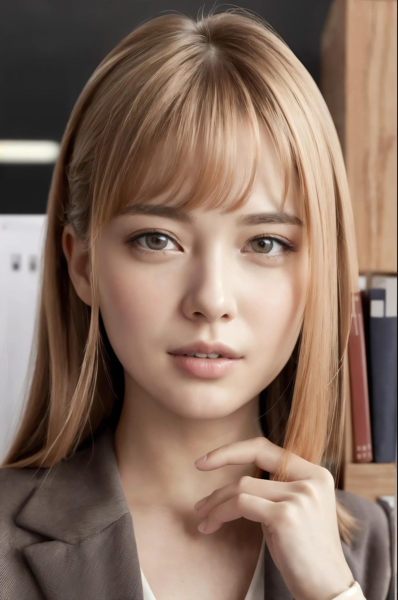 nsfw, (RAW Photos, Highest quality), (Realistic, photo-Realistic:1.3), masterpiece, Very delicate and beautiful, Very detailed, CG, Unity , 2k wallpaper, wonderful, In detail, A light smile, Very detailed CG Unity 8k wallpaper, Large file size, Very detailedな, High resolution, Absurd, Soft Light, (((Medium Hair:1.3), Short bangs, NovaFrogStyle)), Beautiful detailed girl, Detailed fingers, Very detailed eyes and face, Beautiful and detailed nose, Beautiful details, Long eyelashes, Light on the face, ((Cowboy Shot)), Show Viewer,((Office Suits:1.5)), One Girl, cute, young, Adult face, (sexy:1.3),  Realistic face, Realistic body