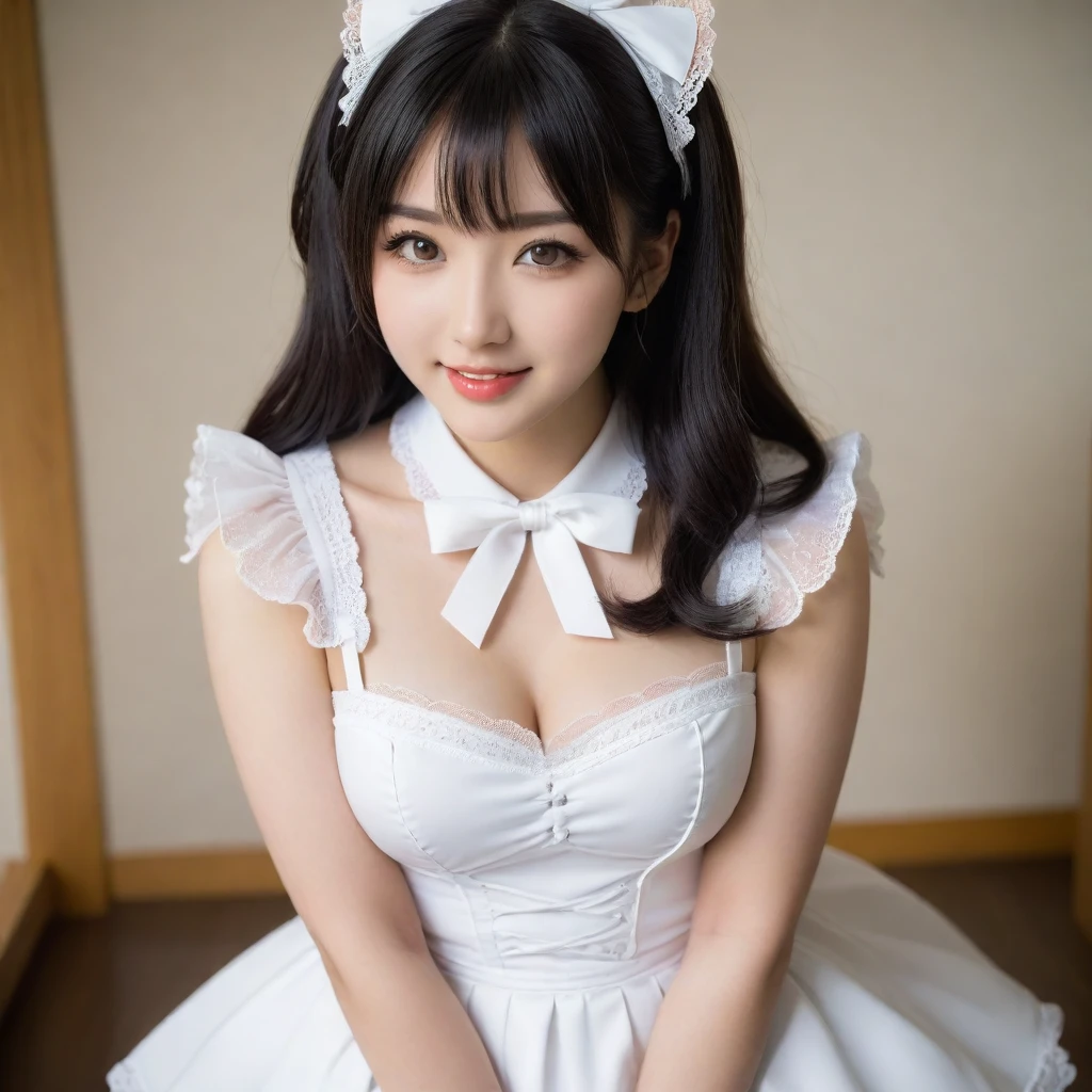 8K, Ultra-high resolution, Highest quality, masterpiece, 三分割法によるphotograph,Surreal, photograph, 1 girl, (:1.3), pretty girl, Cute face, Beautiful eyes in every detail, 細かくdetailedに,masterpiece,, One Girl:1.2, Japan Female Announcer,Young Wife,whole body、Black Hair、well-groomed eyebrows,Slutty Lip Makeup,1 Woman Standing, ,((White bondage and white gothic lolita)),PenSkirt、Black Stockings,Black high heels,Cute gestures、so beautiful,A carefree smile,Healing the heart,blunt bangs,Looking at the audience、beauty,Long neck、Laugh a little、Please close your mouth and laugh、(((Ideal body type))),A-cup small breasts :2,、Portraiture:2、Perfect Anatomy、鮮明なdetailed、detailed、Surreal、Light and shadow,Strong light