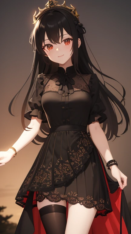 Tokisaki Kurumi stood in front of an ancient and gloomy clock tower,The surrounding environment is full of mystery and weird atmosphere。Her long black hair falls on her shoulders in waves.,Gently swing with the breeze。Her heterochromatic eyes are particularly eye-catching.:A bright red clock pattern flashes in the right eye,The pointer keeps turning,The left eye is a deep golden color,Exudes a mysterious and cold atmosphere。
She was wearing an exquisite Gothic ta dress,This gorgeous dress is mainly red and black。The tights on the upper body are mainly red silk,With black lace edge,Elegant and mysterious。The skirt is wide,Layers of black and red lace swayed gently with her every step,The skirt is decorated with some bows and dark gold details,Adds a touch of luxury。
She wore a black lace collar around her neck,There is also a lace bracelet of the same material tied on the wrist,Wearing several dark gold rings on the fingers,Attention to detail。In her right hand, she tightly grasped a unique classical spear.,The gun is engraved with intricate patterns.,The tip of the gun glows coldly,As if ready to pierce the darkness。
Her posture was elegant and confident,Standing in front of the clock tower,Like the queen of the night。She turned slightly sideways,A meaningful smile appeared on the corner of his mouth,That smile reveals a bit of charm and danger,Let people。
The bell tower behind is towering into the sky,The old stone walls are covered with traces of time and covered with vines.。The huge clock on top of the clock tower is pointing to midnight,The pointer moves slowly,Makes a dull ticking sound。The sky is covered with dark clouds,Only a few faint beams of moonlight penetrated the clouds,Sprinkle on Tokisaki Kurumi,Adds a mysterious glow to the whole scene。
There is a light mist in the air around,Accompanied by the howling of wolves in the distance and the rustling of branches in the wind,The whole environment is filled with tension and anxiety.。She seems to be the master of time,In the darkness she waits for her prey。