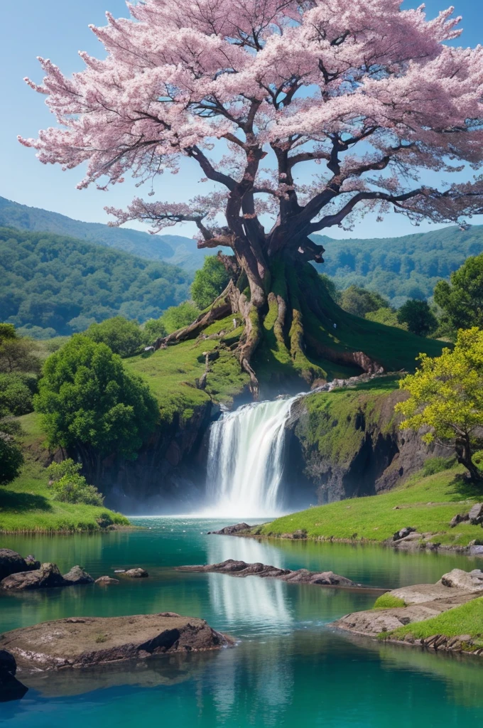 Yggdrasil　big tree　mysterious　Fantasy　Beautiful lake　Beautiful flowers々
