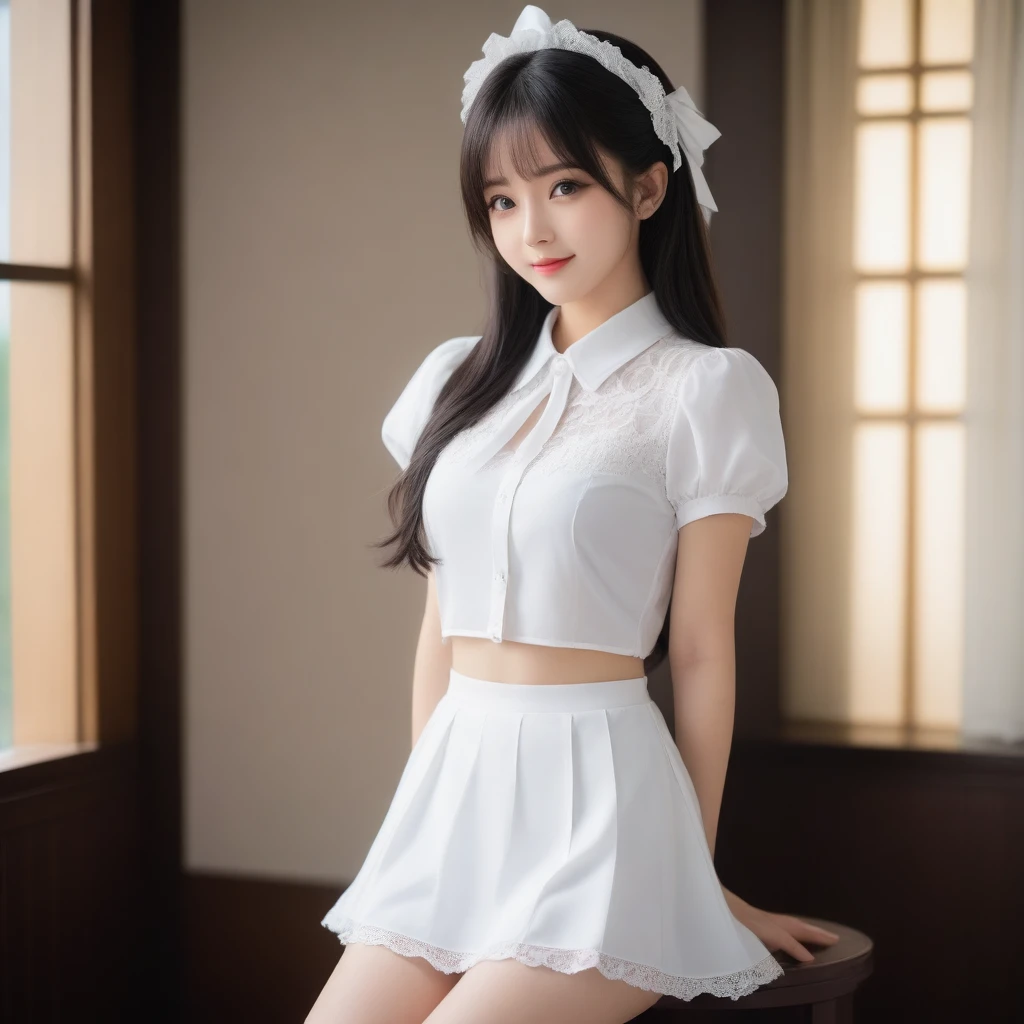 8K, Ultra-high resolution, Highest quality, masterpiece, 三分割法によるphotograph,Surreal, photograph, 1 girl, (16 years old:1.3), pretty girl, Cute face, Beautiful eyes in every detail, 細かくdetailedに,masterpiece,, One Girl:1.2, Japan Female Announcer,Young Wife,whole body、Black Hair、well-groomed eyebrows,Slutty Lip Makeup,1 Woman Standing, ,((White bondage and white gothic lolita)),Pencil Skirt、Black Stockings,Black high heels,Cute gestures、so beautiful,A carefree smile,Healing the heart,blunt bangs,Looking at the audience、beauty,Long neck、Laugh a little、Please close your mouth and laugh、(((Ideal body type))),A-cup small breasts :2,、Portraiture:2、Perfect Anatomy、鮮明なdetailed、detailed、Surreal、Light and shadow,Strong light