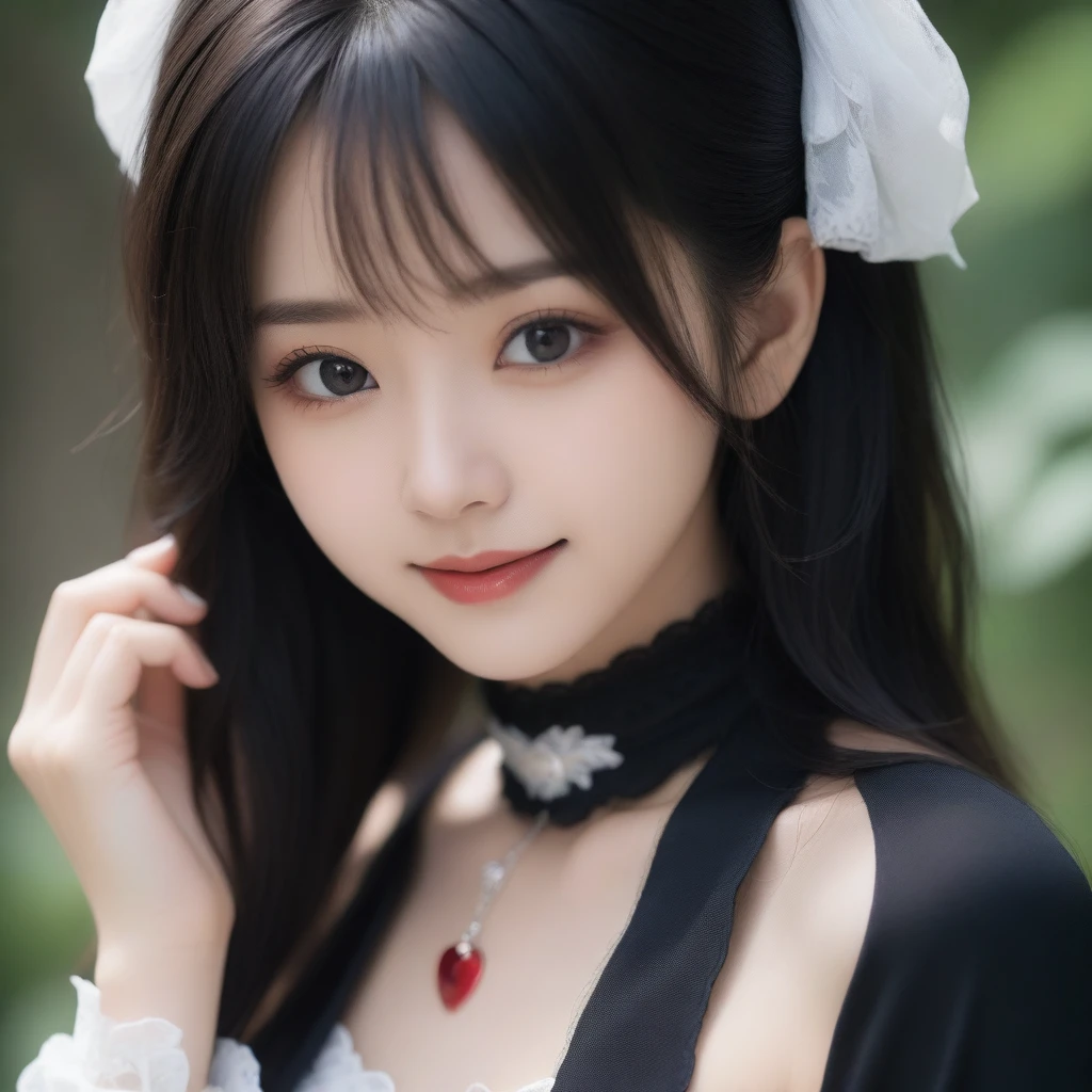 8K, Ultra-high resolution, Highest quality, masterpiece, 三分割法によるphotograph,Surreal, photograph, 1 girl, (:1.3), pretty girl, Cute face, Beautiful eyes in every detail, 細かくdetailedに,masterpiece,, One Girl:1.2, Japan Female Announcer,Young Wife,whole body、Black Hair、well-groomed eyebrows,Slutty Lip Makeup,1 Woman Standing, ,((White bondage and white gothic lolita)),PenSkirt、Black Stockings,Black high heels,Cute gestures、so beautiful,A carefree smile,Healing the heart,blunt bangs,Looking at the audience、beauty,Long neck、Laugh a little、Please close your mouth and laugh、(((Ideal body type))),A-cup small breasts :2,、Portraiture:2、Perfect Anatomy、鮮明なdetailed、detailed、Surreal、Light and shadow,Strong light