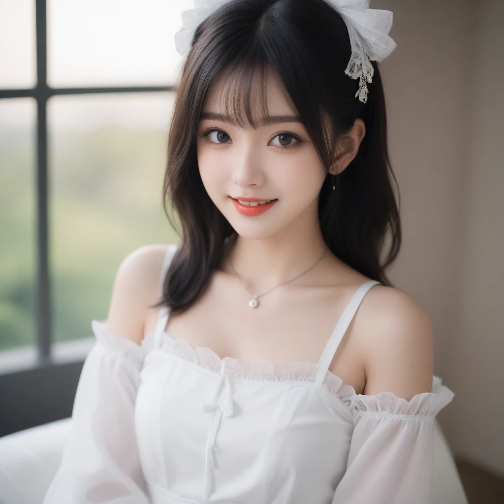 8K, Ultra-high resolution, Highest quality, masterpiece, 三分割法によるphotograph,Surreal, photograph, 1 girl, (16 years old:1.3), pretty girl, Cute face, Beautiful eyes in every detail, 細かくdetailedに,masterpiece,, One Girl:1.2, Japan Female Announcer,Young Wife,whole body、Black Hair、well-groomed eyebrows,Slutty Lip Makeup,1 Woman Standing, ,((White bondage and white gothic lolita)),Pencil Skirt、Black Stockings,Black high heels,Cute gestures、so beautiful,A carefree smile,Healing the heart,blunt bangs,Looking at the audience、beauty,Long neck、Laugh a little、Please close your mouth and laugh、(((Ideal body type))),A-cup small breasts :2,、Portraiture:2、Perfect Anatomy、鮮明なdetailed、detailed、Surreal、Light and shadow,Strong light