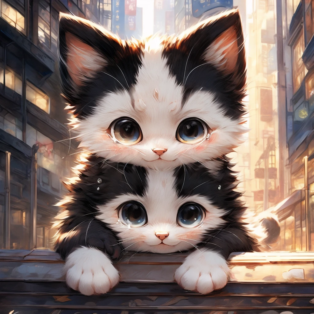 In the city、1 black kitten、(((Round white fur on forehead:1.3)))、(((Tears:3.0)))