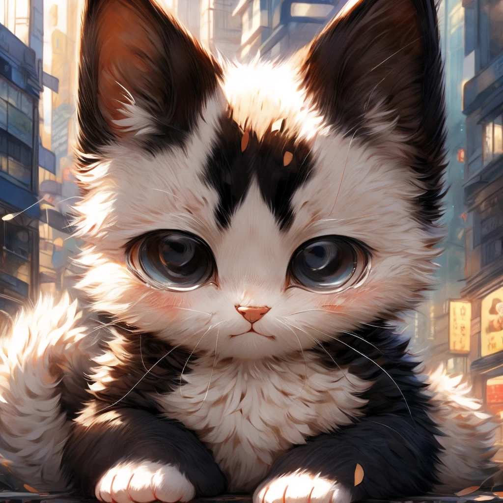 In the city、1 black kitten、(((Round white fur on forehead:1.3)))、(((Tears:3.0)))