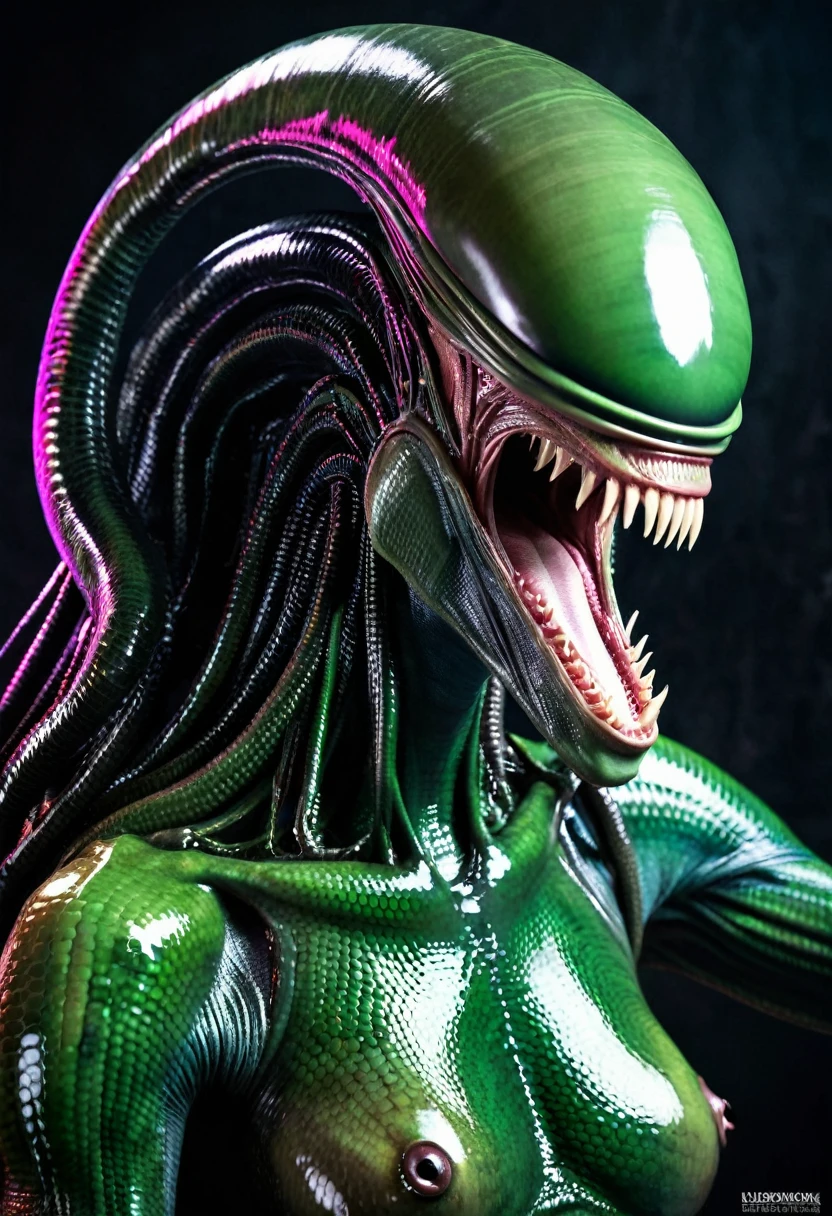 (((Extreme close-up Xenomorph Alien the eighth passenger fusion Medusa snakes like hair Greek mythology surreal and cinematographic images Color Splash images)),(((Front Images)))