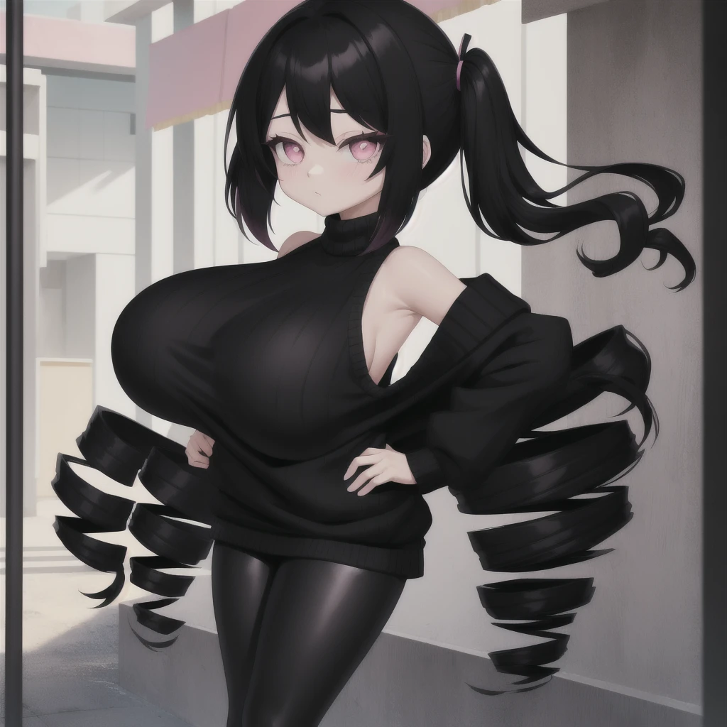 black hair, female, twin drills, solo, smol, pink eyes, massive , very long hair, wear open cut black sweater and leggings, masterpiece, ultra high quality