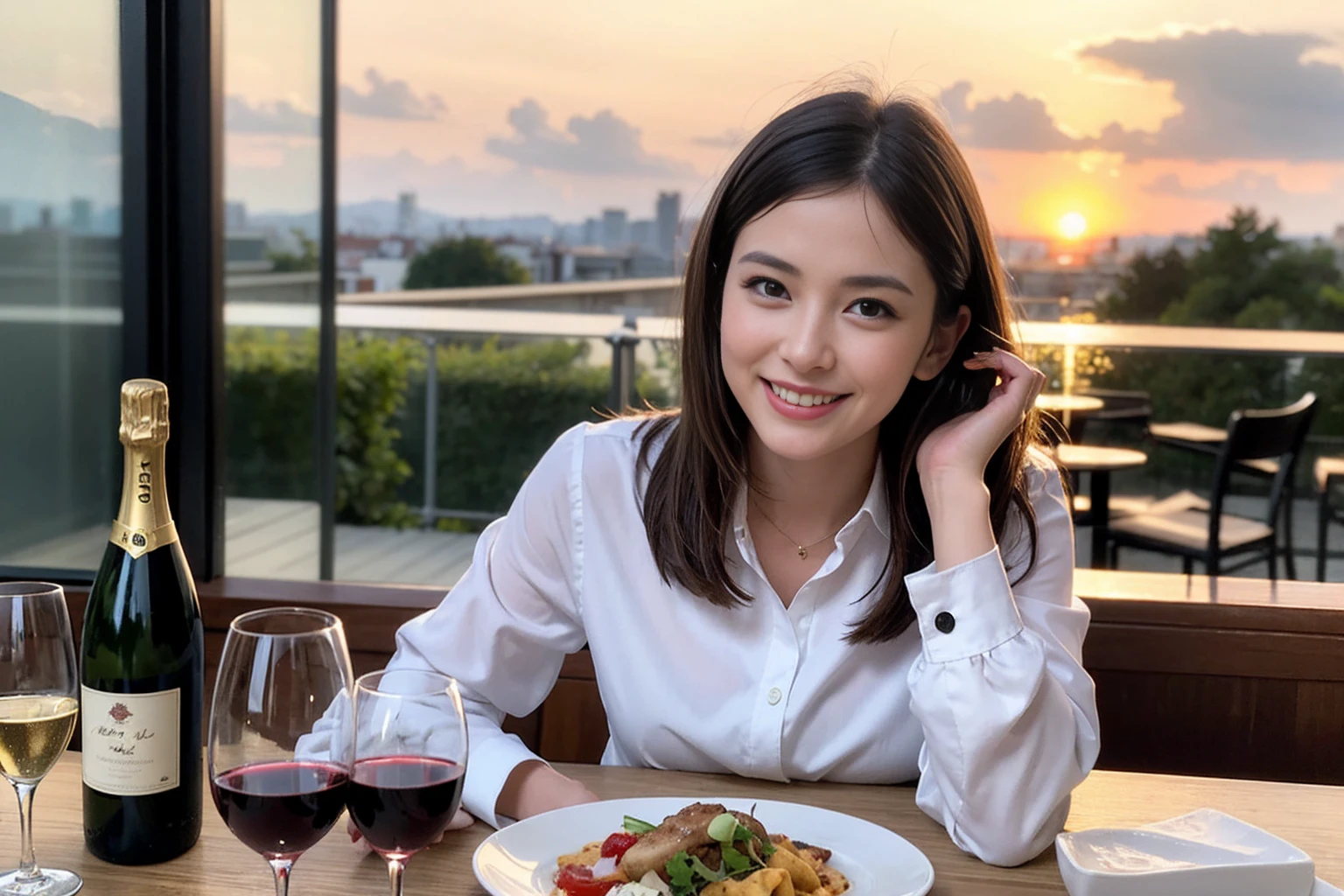 ((Highest quality、8K、masterpiece:1.3))、1 male 1 female、Lover in Sapporo、Beautiful couple、Smile、full-course dinner、 (Slim face), (the body is スリム), (Brown Hair), (Shortcuts), ((Bob Hale、Straight hair:1.2)), テーブルの上のwine glass、Shine light on your face、 Amazing view of the sunset sky and clouds、The beauty of a smile、Bright image、Blushing, Shortcuts, (Age 35), 39 years old, Appetizers、Italian food、Wine bottle、Champagne、sparkling wine、Long sleeve shirt、dress、Attractive beauty、restaurant, Nova Frog Style, actress, model, Upper Body, White wine, red wine, wine glass,