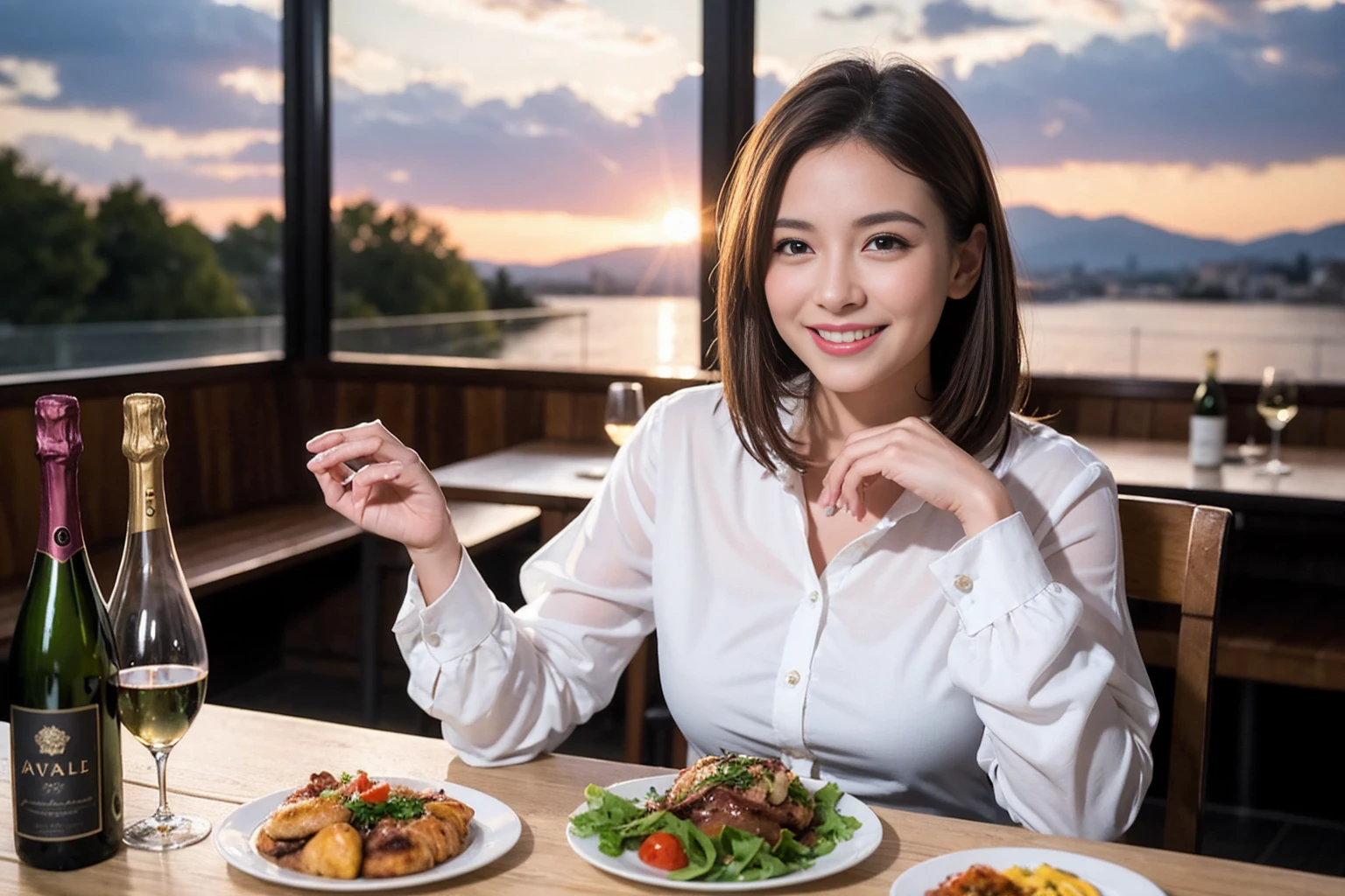 ((Highest quality、8K、masterpiece:1.3))、1 male 1 female、Lover in Sapporo、Beautiful couple、Smile、full-course dinner、 (Slim face), (the body is スリム), (Brown Hair), (Shortcuts), ((Bob Hale、Straight hair:1.2)), テーブルの上のwine glass、Shine light on your face、 Amazing view of the sunset sky and clouds、The beauty of a smile、Bright image、Blushing, Shortcuts, (Age 35), 39 years old, Appetizers、Italian food、Wine bottle、Champagne、sparkling wine、Long sleeve shirt、dress、Attractive beauty、restaurant, Nova Frog Style, actress, model, Upper Body, White wine, red wine, wine glass,