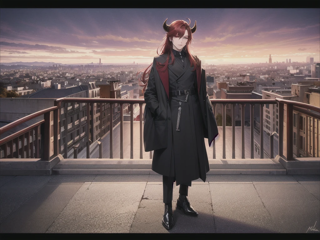 (((male))), (((best quality))), (((masterpiece))), exceptionally handsome man, 25 year old male with perfect body, Paris fashion week model, red hair, red eyes, black clothes, two black horns, 4K, 8K, best quality, portrait, full body shot, wide view、Octane, null, star (null), scenery, starry null, night,