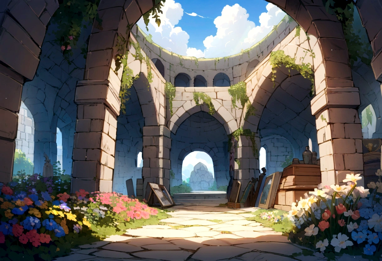 ((((masterpiece, Highest quality, High resolution)))),High detail, manga，anime，Illustration Style，Use of bright colors，Ghibli Studio，Similar to the colors used in daytime scenes, Medieval European fantasy world, Extremely detailed 8K, High detail,cave,Remainsとcave,maze,Remains,古いRemains,Flowers are blooming profusely,Remainsと花,Flowers, Game Sword,Hero&#39;s Sword,Dirty Sword,Lying Sword,Luxurious sword,, Both indoor and outdoor displays. The arches and walls are made of rustic stone, Gives a quaint and attractive look. The store is transparent, Colorful rocks visible beneath the surface. The sky is bright blue、Fluffy white clouds floating, And the sun is shining brightly, Create a magical and cozy atmosphere.