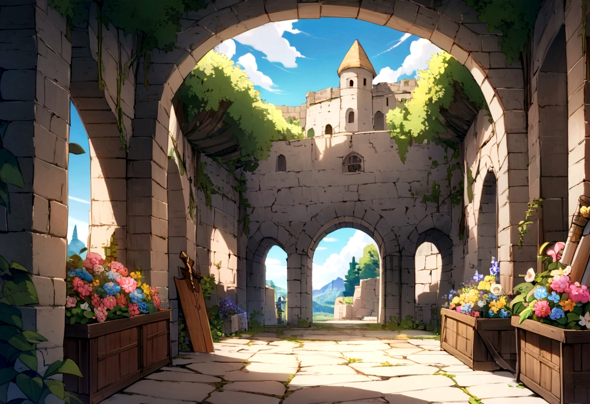 ((((masterpiece, Highest quality, High resolution)))),High detail, manga，anime，Illustration Style，Use of bright colors，Ghibli Studio，Similar to the colors used in daytime scenes, Medieval European fantasy world, Extremely detailed 8K, High detail,cave,Remainsとcave,maze,Remains,古いRemains,Flowers are blooming profusely,Remainsと花,Flowers, Game Sword,Hero&#39;s Sword,Dirty Sword,Lying Sword,Luxurious sword,, Both indoor and outdoor displays. The arches and walls are made of rustic stone, Gives a quaint and attractive look. The store is transparent, Colorful rocks visible beneath the surface. The sky is bright blue、Fluffy white clouds floating, And the sun is shining brightly, Create a magical and cozy atmosphere.