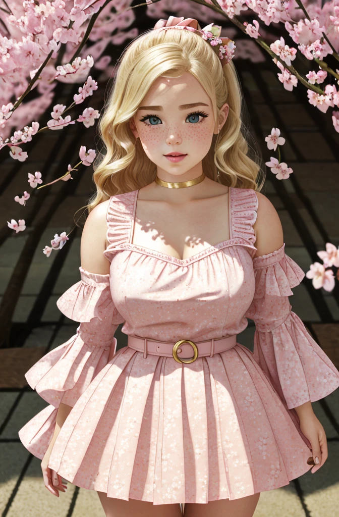 A beautiful sensual curvy blonde tween wearing a sweet Pink Contrast Mesh, Ruffle Hem, All Over cherry blossoms Print, A Line, Short puff Sleeves, Sweetheart neckline, thin gold belt with tiny heart buckle, High Waist,Flounce hem Long gown, very long curling hair, cute, sweet, town picnic, warm atmosphere, pretty, pretty lighting, 8k, octane render, detailed, detailed background, 35mm, realistic, photorealistic, perfect face, cherry blossoms barrettes in hair, freckles, ((American face))