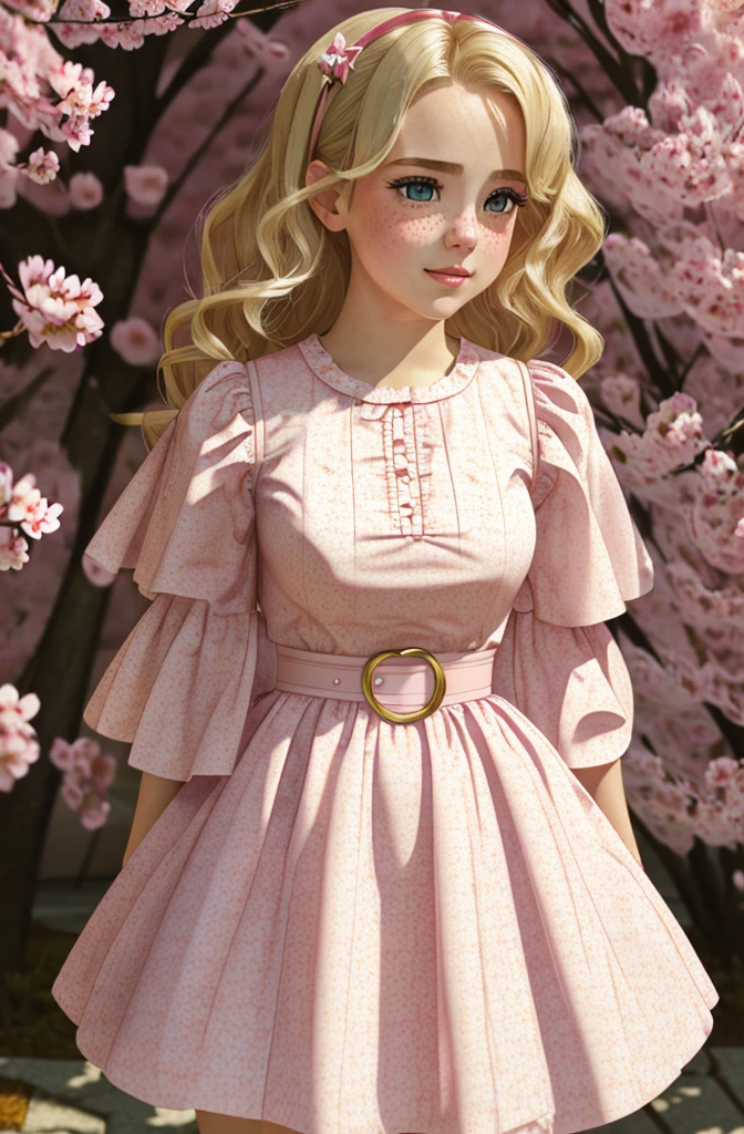 A beautiful sensual curvy blonde tween wearing a sweet Pink  Contrast Mesh, Ruffle Hem, All Over cherry blossoms Print, A Line, Short puff Sleeves, Sweetheart neckline, thin gold belt with tiny heart buckle, High Waist,Flounce hem Long gown, very long curling hair, cute, sweet, town picnic, warm  atmosphere, pretty, pretty lighting, 8k, octane render, detailed, detailed background, 35mm, realistic, photorealistic, perfect face, cherry blossoms barrettes in hair, freckles, ((American face))