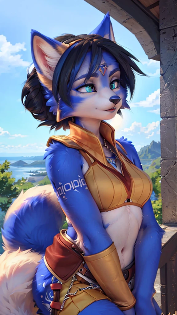 A beautiful and detailed (sweet portrait) wa ((Krystal)), Star Fox Krystal, sslim, lovable, green eyes, medium breasts, (((Long blue hair 1.3))),  ((black hair tips)), look up,, anthro, furry, Uploaded E621, detailed fluffy fur, (wa Fluff-Kevlar, Bayard Wu, Personalami, Pino Daeni), detailed face, (fluffy), 1 girl, alone,  Tribal clothing, sweet girl, 
