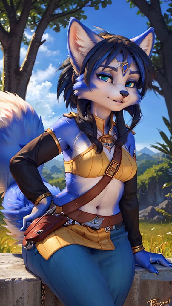 A beautiful and detailed (sweet portrait) wa ((Krystal)), Star Fox Krystal, sslim, lovable, green eyes, medium breasts, (((Long blue hair 1.3))), ((black hair tips)), look up,, anthro, furry, Uploaded E621, detailed fluffy fur, (wa Fluff-Kevlar, Bayard Wu, Personalami, Pino Daeni), detailed face, (fluffy), 1 girl, alone, Tribal clothing, sweet girl,