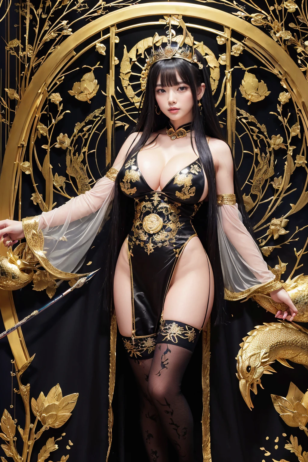 ((Highest quality)), ((masterpiece)), (detailed）30 years old、Nioh Standing 1.2、Horrible Face 1.2、Glaring 1.2、Sagging milk 1.2、from the front、Well-formed face、Cheeky face 1.2、Hitman 1.2、Murderous Intent 1.2、Killer Face 1.2、Mouth closed 1.1、Huge breasts、A rich body、Stand straight with your legs apart1.2、,(((Big Breasts))),(((Huge breasts))),(((Great tit))),(((SFW)))、Extraordinary Vengeance 1.2、Large areola、Standing at the entrance to the underwater temple leading to Ryugu-jo Castle、A dragon curtain on the podium、near, violent, Creatures from the End of the Earth、White owl on shoulder 1.2、A chair made from a giant snake、Maximum chest size、Metallic rainbow snake dress with Yamata no Orochi embroidery、He has a very sharp shield with a spear attached to his back、Crystal Stone Spear、Stand up straight with your arms folded、Super long black straight hair、Shiny Hair 1.2、Super long bangs 1.2、Spread your legs wide、Iridescent Cosmos Spear 1.2、One gun in each hand.2、A gold and black metallic tapestry with floral patterns blooming in the dark、A metallic flower arrangement that represents infinity、Infinite flower field embroidery、Gold see-through tights、Large silk tights with net、Queen&#39;Decoration of s、Huge red diamond necklace 1.2、Black garter belt、Long eyelashes、Angry eyebrows、Ancient Alien Furniture、(((Big Breasts))),(((Huge breasts))),(((Great tit))),(((SFW)))、Ultra dark space、Backlight、Smooth waistline、Bullish face、Challenging face、Angry eyebrows、legs are long、Black Market Aesthetics、Woman with a black aura、superior look、超Big Breasts1.2、The pinnacle of elegance、Beautiful Snake&#39;tongue、Sparkling star sand hair clips on your ears、A carpet of dreams dripping with blood、White skin as delicate as a silkworm cocoon、Huge breastsを持つ美しい女性、Big fairy、Specially made crystal ball&#39;Nesting、Sentimental composition、Joy in anger、Mandalas bouncing around in bubbles、I pledge my life in front of her open legs.、I sacrificed my life to open her legs and lick her whole body...、The irresistible smell of death assaults my nose、Grin、Bare Big Breasts 1.2、Immature and competitive.2、from the front、Brave Standing 1.2