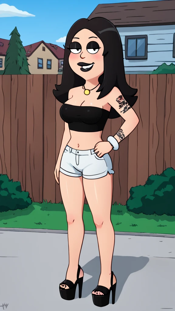 francine, flat color, black hair, 1girl, long hair, white braclet, medium breasts, solo, necklace, cleavage, tight strapless black crop-top, white short shorts, black lips, nsfw, standing, looking at viewer, outdoors, full-body, smile, blushing, open-toe platform high heels, black eyeliner, tattoos