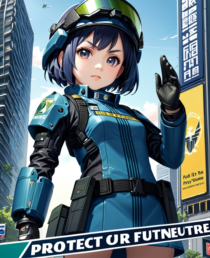 (best quality, masterpiece, ultra highres, ultra-detailed:1.2) ,A vibrant recruitment poster for the Earth Defense Force featuring a brave young girl(chibi) inviting others to join the ranks. The poster has a futuristic and hopeful atmosphere, with bold and clear design elements. In the center, a young girl(chibi) in Earth Defense Force uniform stands confidently, with a friendly and determined expression, reaching out her hand. The background shows the symbol of the Earth Defense Force and a futuristic cityscape. The colors are vivid and eye-catching, drawing attention to the central figure. At the top or middle of the poster, a powerful tagline reads: "Join the Earth Defense Force! Protect Our Future!" At the bottom, information on how to join and contact details are clearly displayed.BREAK.(girl,young ,detailed face,(darkblue wavy-short hair),parallel eyebrows,small breasts),