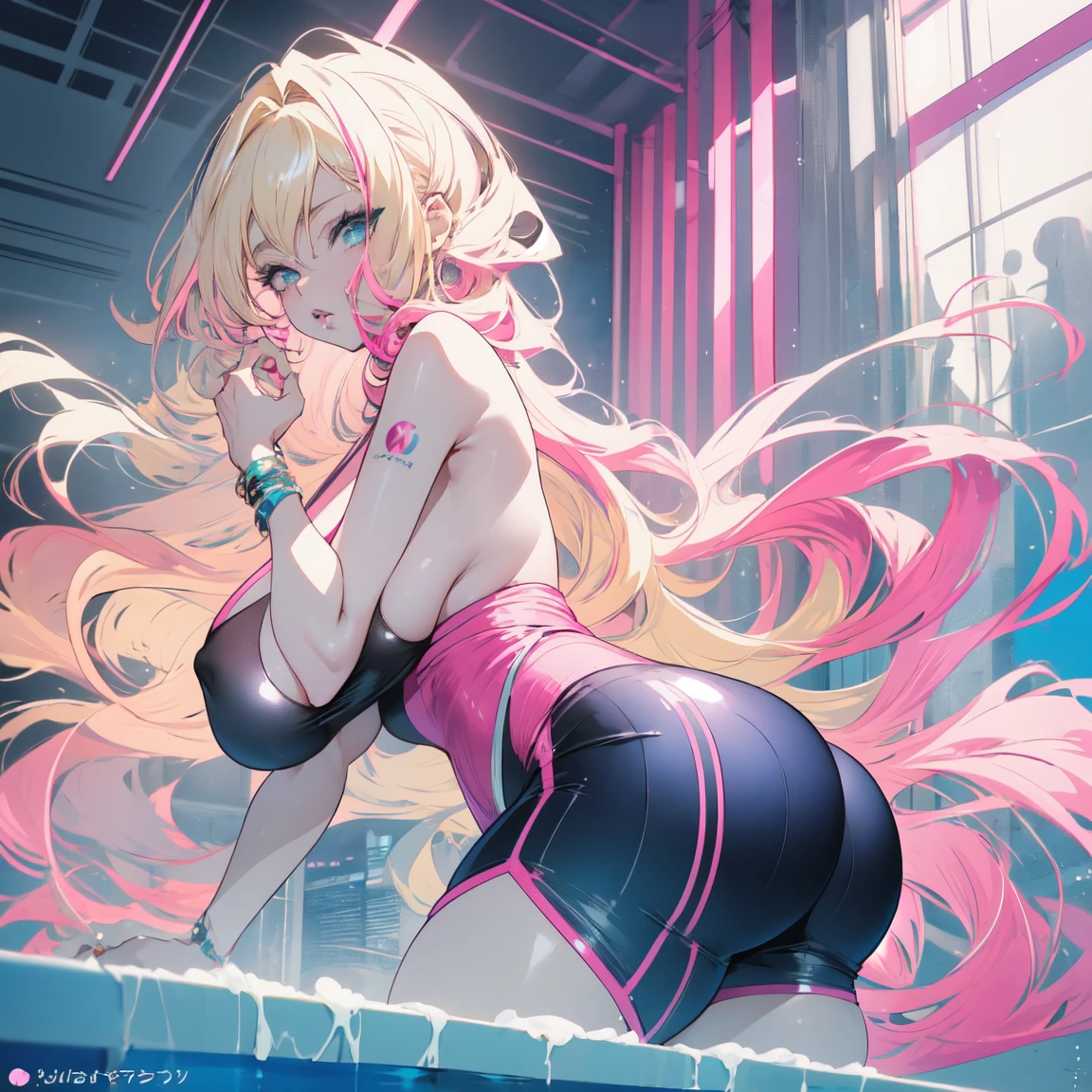 A woman, anime woman, blonde hair with pink tips, long hair, wavy hair, blue eyes, big eyes, fat lips, big lips, pink lips, wide hips, big ass, big thighs, completely naked, next to a large and luxurious pool, in a penthouse