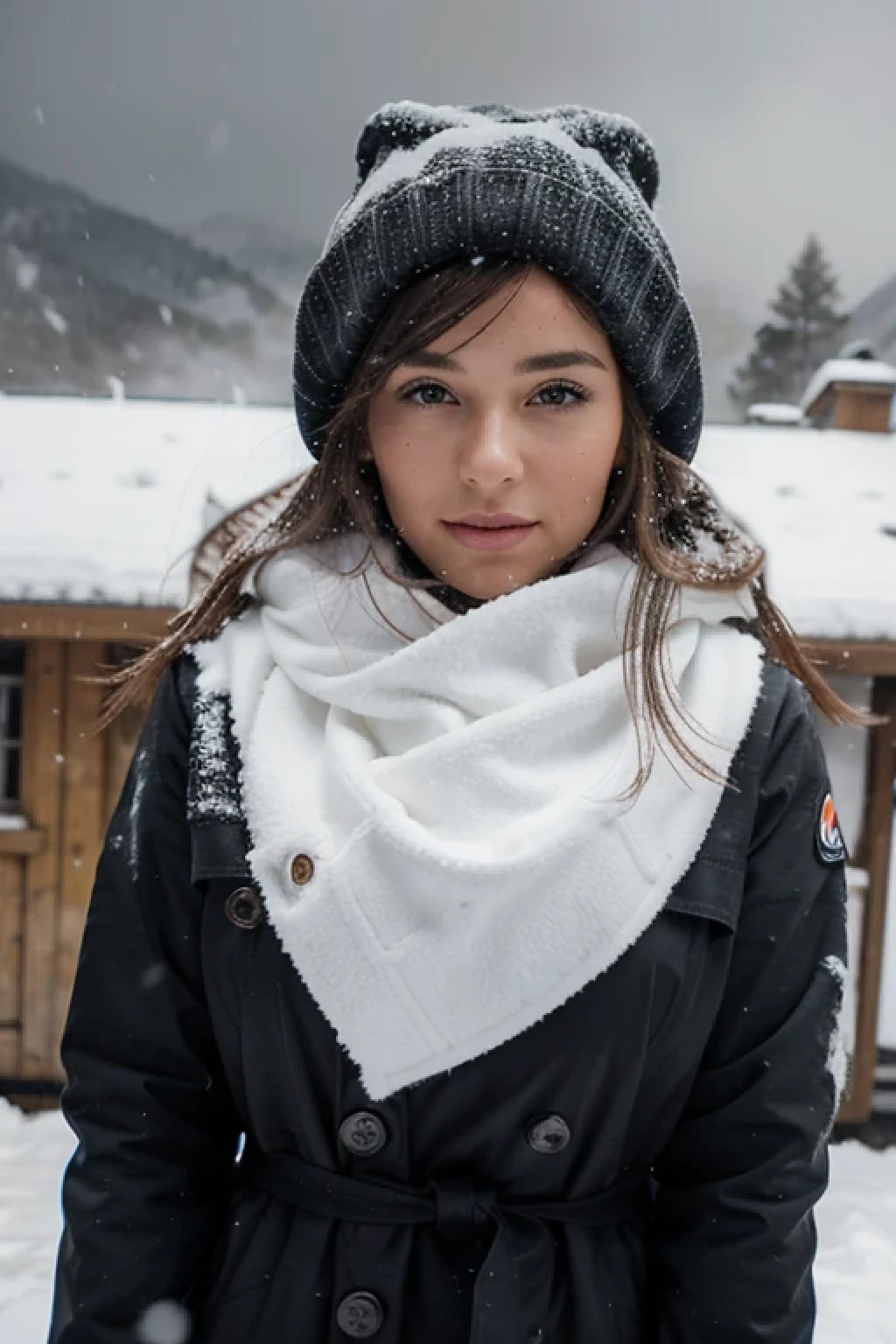 Beautiful female in the Alps in a snow storm
