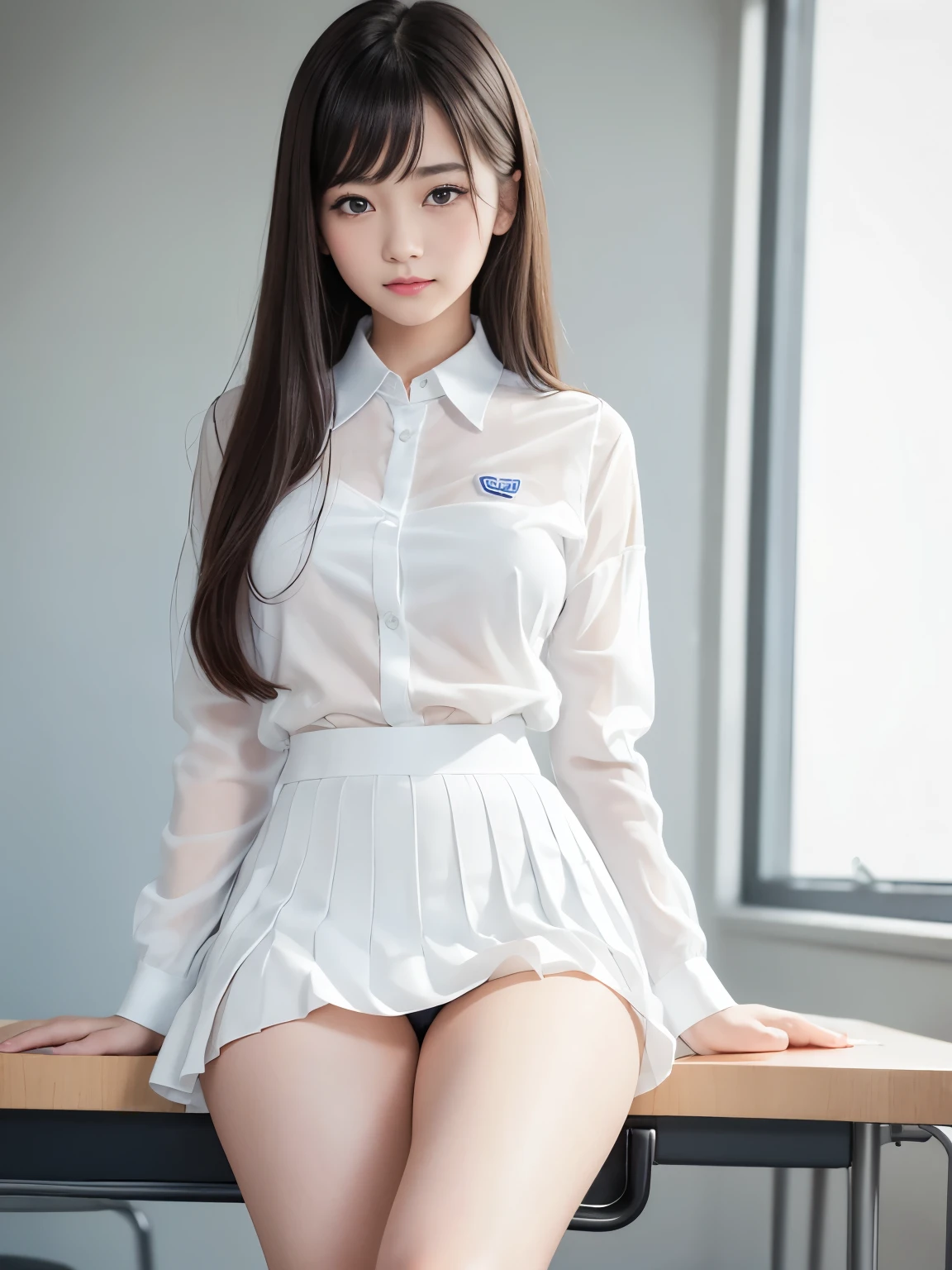 Highest quality、High school girls、, 8K、RAW Photo、(skin:1.2)、Ultra-high resolution、(lens:50mm)、(F/1.2)、Exquisitely drawn eyes、looking at the camera、Beautiful Face, (Fair skin), light makeup, (Thin eyebrows, Thin eyebrows), Slender body, ((Medium chest, Beautiful body lines)), (Big round eyes:1.4)、(Droopy eyes:1.2)、Young facute face with a smile:1. 3), 16 years old, Str(Medium Hair, bangs, The hair is shiny), , Dark Eyes, 白いskin, sexy, beautiful girl, 16 years old, Very beautiful te shirt, ((White see-through shirt, Long sleeve, )), White pleated skirt, (uniform:1.4), Knee-high socks, ((Thighs, Knee)), (School classroom background:1.1), Shallow depth of field