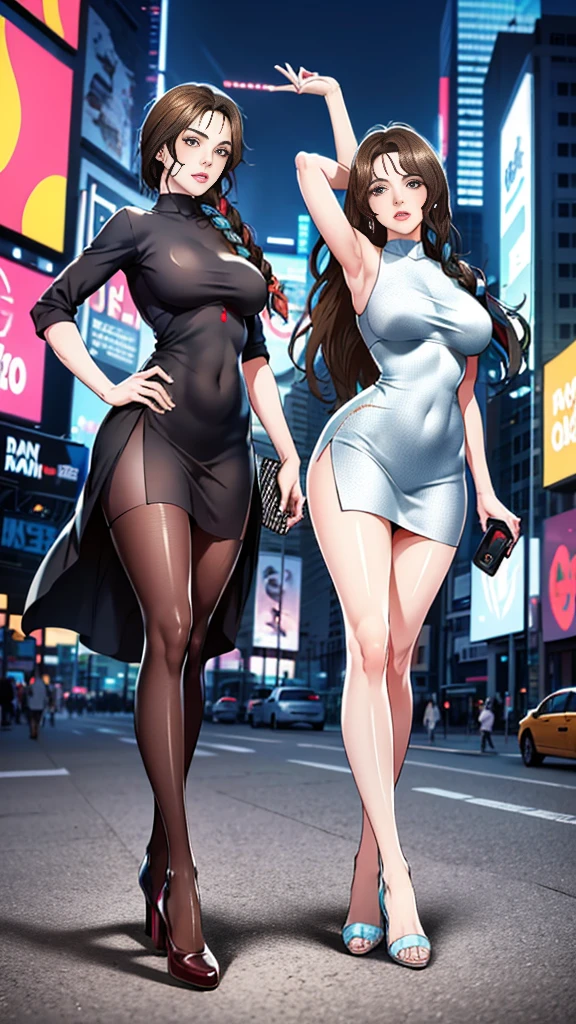 photo with GoPro camera, pretty women, wearing casual printed zebra pattern tight dress with o-neck short-sleeve on times square, long legs, long and straight hair, high heels, seductive pose, standing on the floor, detailed body, sharp face, soft Lighting, fisheye lens, dynamic light
