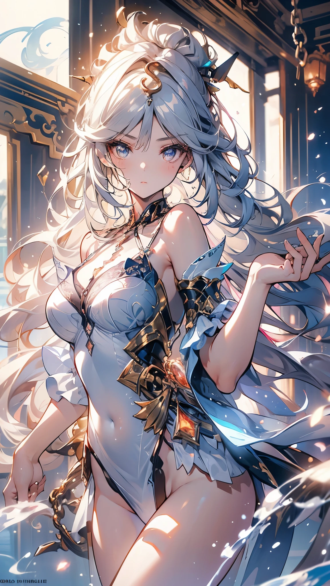 ((masterpiece, best quality)), Delicate face，goddess，whole body，Long legs，Standing picture，Perfect body proportions，Long wavy hair，beautiful eyes，Fantasy style，Extremely beautiful，Pure white background，Water Ripples，transparent，Sexy Lingerie，chain