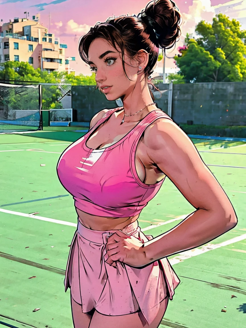 Extremely busty thin and toned brunette photographer, college girl, fair skin, loose updo, soft face, athletic, white tank top, pink skirt. detailed background, tennis court.