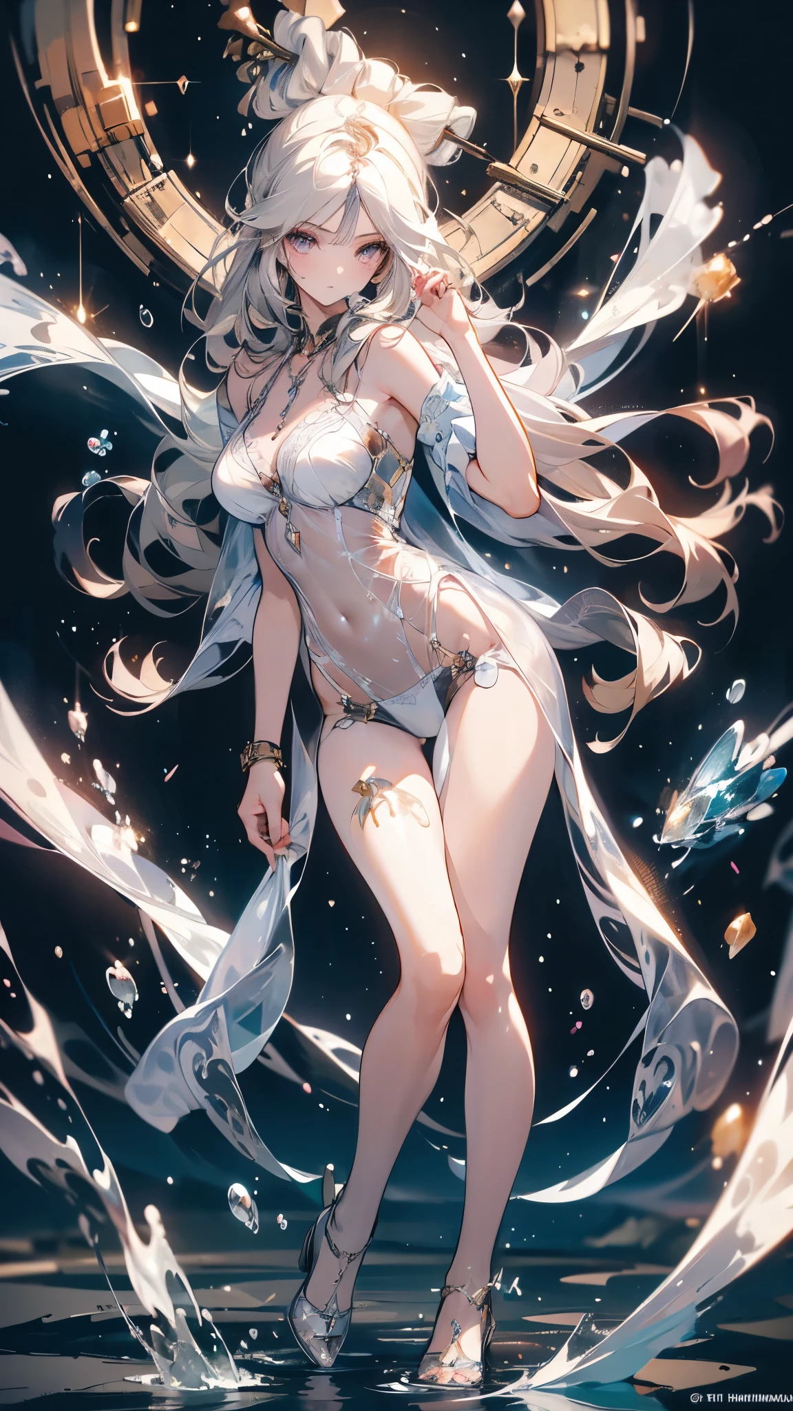 ((masterpiece, best quality)), Delicate face，goddess，whole body，Long legs，Standing picture，Perfect body proportions，Long wavy hair，beautiful eyes，Fantasy style，Extremely beautiful，Pure white background，Water Ripples，transparent，Sexy Lingerie，chain