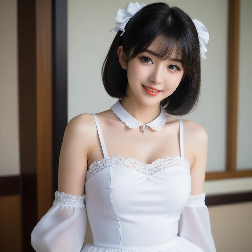 8K, Ultra-high resolution, Highest quality, masterpiece, 三分割法によるphotograph,Surreal, photograph, 1 girl, (:1.3), pretty girl, Cute face, Beautiful eyes in every detail, 細かくdetailedに,masterpiece,, One Girl:1.2, Japan Female Announcer,Young Wife,whole body、Black Hair、well-groomed eyebrows,Slutty Lip Makeup,1 Woman Standing, ,((White bondage and white gothic lolita)),PenSkirt、Black Stockings,Black high heels,Cute gestures、so beautiful,A carefree smile,Healing the heart,blunt bangs,Looking at the audience、beauty,Long neck、Laugh a little、Please close your mouth and laugh、(((Ideal body type))),A-cup small breasts :2,、Portraiture:2、Perfect Anatomy、鮮明なdetailed、detailed、Surreal、Light and shadow,Strong light