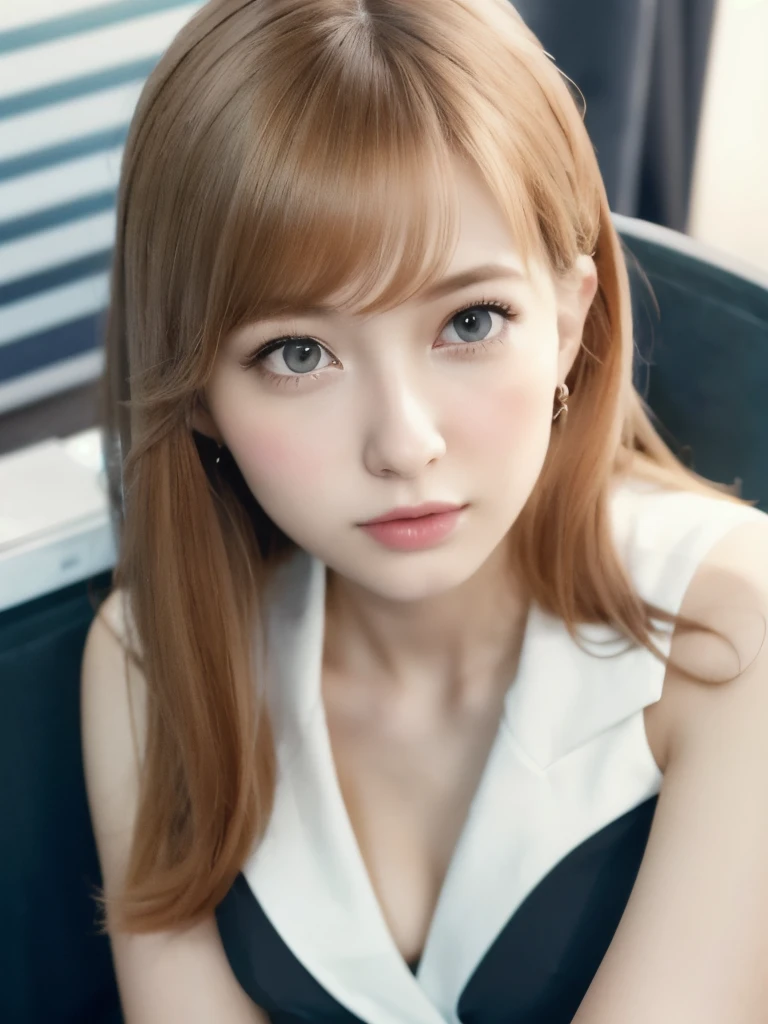 (RAW Photos, Highest quality), (Realistic, photo-Realistic:1.3), masterpiece, Very delicate and beautiful, Very detailed, CG, Unity , 2k wallpaper, wonderful, In detail, A light smile, Very detailed CG Unity 8k wallpaper, Large file size, Very detailedな, High resolution, Absurd, Soft Light, (((Medium Hair:1.3), Short bangs, Nova Frog Style)), Beautiful detailed girl, Detailed fingers, Very detailed eyes and face, Beautiful and sophisticated nose, Beautiful details, Long eyelashes, Light on the face, View Audience,((Office Suits:1.5)), One Girl, cute, young, Adult face, (whole body:1.3), Realistic face, Realistic body, Beautiful thigh detail,