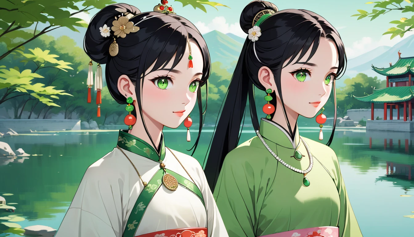 Two women,A young ancient Chinese woman named Amy,Melon seed face,Fair complexion，eye color: black，Eyebrow: arch，Hair color: black，hairstyle: Straight Hair（High bun），headgear: White crown，earring: white earrings，Wearing white traditional Chinese clothing,decorate:white necklace.white bracelet。 A young Chinese woman named Eva,Oval face,Fair complexion，green eyes,wavy black long hair，earring: green earrings，Wearing green traditional Chinese clothing,decorate:green necklace.green bracelet。Amy and Eva walk by the lake together。