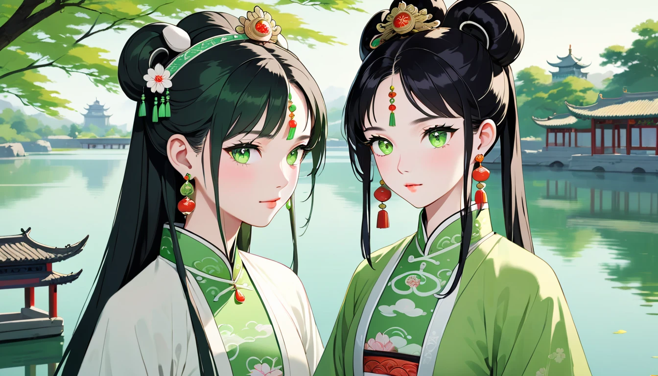 Two women,A young ancient Chinese woman named Amy,Melon seed face,Fair complexion，eye color: black，Eyebrow: arch，Hair color: black，hairstyle: Straight Hair（High bun），headgear: White crown，earring: white earrings，Wearing white traditional Chinese clothing,decorate:white necklace.white bracelet。 A young Chinese woman named Eva,Oval face,Fair complexion，green eyes,wavy black long hair，earring: green earrings，Wearing green traditional Chinese clothing,decorate:green necklace.green bracelet。Amy and Eva walk by the lake together。