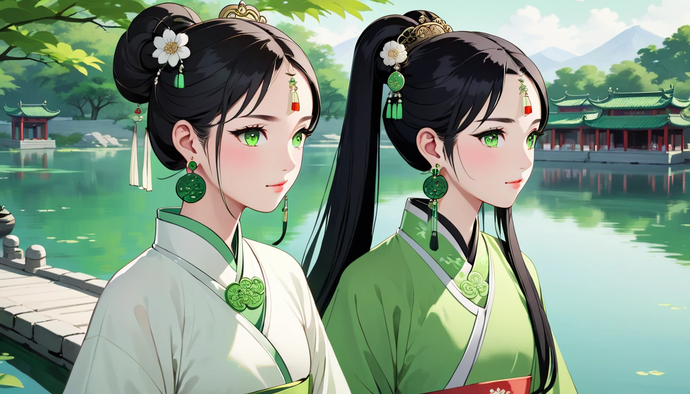 Two women,A young ancient Chinese woman named Amy,Melon seed face,Fair complexion，eye color: black，Eyebrow: arch，Hair color: black，hairstyle: Straight Hair（High bun），headgear: White crown，earring: white earrings，Wearing white traditional Chinese clothing,decorate:white necklace.white bracelet。 A young Chinese woman named Eva,Oval face,Fair complexion，green eyes,wavy black long hair，earring: green earrings，Wearing green traditional Chinese clothing,decorate:green necklace.green bracelet。Amy and Eva walk by the lake together。