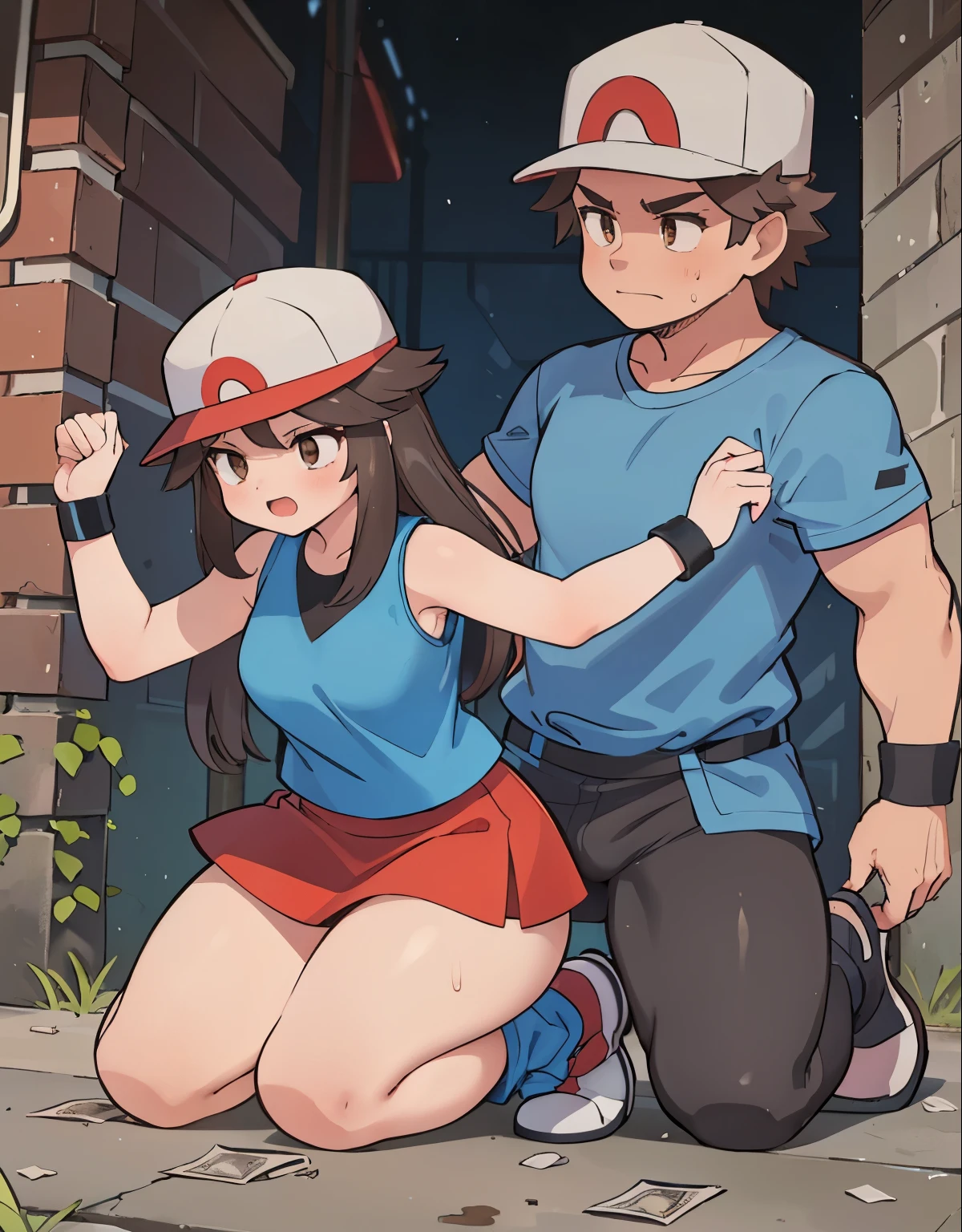 a girl ( 1trainerleaf1, sleeveless shirt, black wristbands, visible thighs,thick thighs,red skirt,blue shirt, brown eyes, hat) having anal sex with a middle-aged man,  They are both in a dark alley, the girl is being subdued by the man, money and trash on the ground, sex scene, 