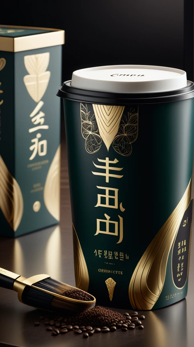 {A photorealistic design for a black coffee product named "GEORYEO" with a brush font in all capital letters resembling elegant Hangul script, exuding charisma and glamour, the packaging features a dark green and gold color scheme, representing the authenticity of true black coffee flavor, high detail, sharp focus, 8K resolution, professional design, luxurious and sophisticated appearance, with intricate patterns and golden accents that highlight the premium quality of the product, cinematic lighting}
 24mm, (analog, cinematic, film grain:1.3), Bokeh DOF