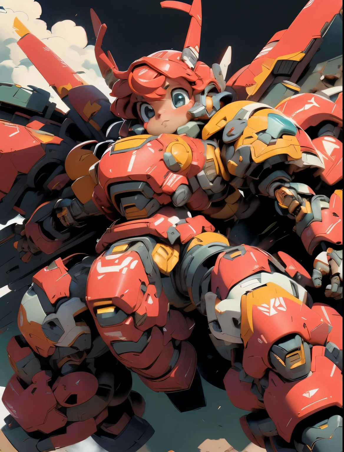 (((1 chibi girl in large red-colored robot costume, from below))), (holding weapons), (chibi), (bulky:1.5), large cute face, mechanical parts, ((mechanical wings)), (full armor:1.8), (mecha armor:1.8)(shoulder guards:1.2),(huger arms), ((mechanical arms:1.5)), (short legs), (huger body:1.8), (heavy equipment:1.6), (from below), (headgear), blue sky, white clouds, robot joints, becoming a mecha, mecha, (RARS), (HRS), ROBOTANIMESTYLE, BJ_Cute_Mech,cute, girl
BREAK
((masterpiece)), vibrant colors, 8k, best quality, ultra detailed illustration, ((best quality)), ((high resolution)), flawless skin textures, shiny oiled skin, extremely detailed anime eyes , extreme light and shadow,