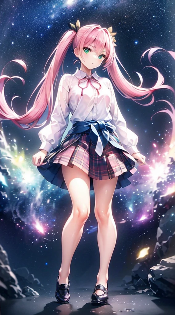 High detail, Super detailed, Ultra-high resolution, A girl having fun in a dreamlike galaxy, Surrounded by stars, The warm light that shines on her, Starry background with colorful galaxies and galactic clouds, The stars fly around her, Add a playful touch ,(((Pink long hair)))、(((Half Twin Tail)))、solo、Green Eyes、skirt、(((long back hair)))、shirt、shoes下、(Blue waistband)、白いshirt、格子縞のskirt、Plaid、sleevesa rolled up、chest、襟付きshirt、ribbon、Knee-high、bangs、shoes、(茶色のskirt)、赤いribbon、(茶色のプリーツskirt)、Mouth closed、ネックribbon、Medium breast 、Beautiful female fingers、Accurate Fingers、