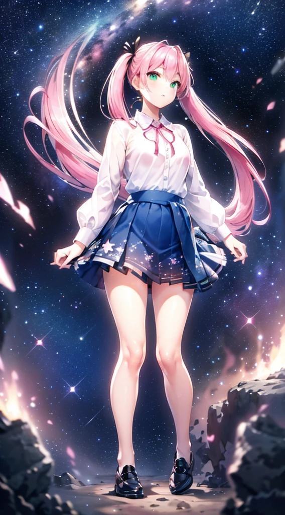 High detail, Super detailed, Ultra-high resolution, A girl having fun in a dreamlike galaxy, Surrounded by stars, The warm light that shines on her, Starry background with colorful galaxies and galactic clouds, The stars fly around her, Add a playful touch ,(((Pink long hair)))、(((Half Twin Tail)))、solo、Green Eyes、skirt、(((long back hair)))、shirt、shoes下、(Blue waistband)、白いshirt、格子縞のskirt、Plaid、sleevesa rolled up、chest、襟付きshirt、ribbon、Knee-high、bangs、shoes、(茶色のskirt)、赤いribbon、(茶色のプリーツskirt)、Mouth closed、ネックribbon、Medium breast 、Beautiful female fingers、Accurate Fingers、