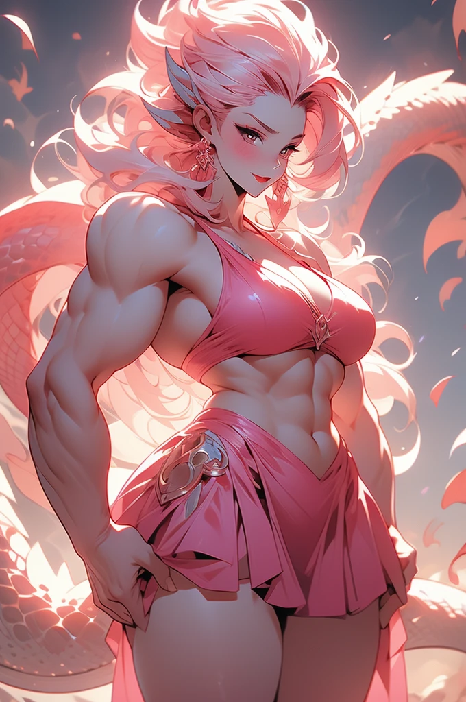 muscular, tall, giant, dragon, woman, voluptuous, sinuous, beautiful, pink hair, large wings, sharp teeth, long tongue, sidecut, shaved, bikini, mini skirt, scales, dragon tail