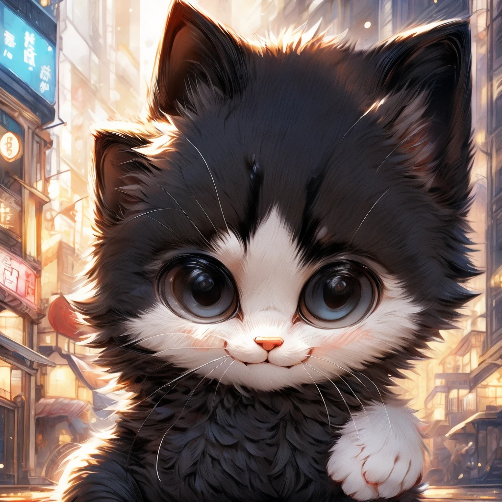 In the city、1 black kitten、（（（Round white fur on forehead:1.3）））、（（（smile:3.0）））