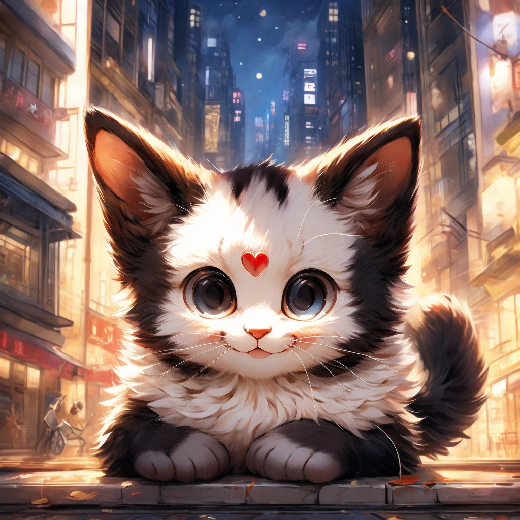 In the city、1 black kitten、(((Round white fur on forehead:1.3)))、(((smile:3.0)))