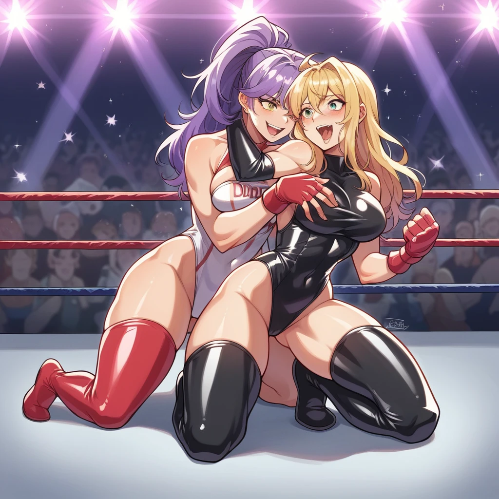 masuter piece、top-quality、8K、Impresionismo、Photorealsitic、Women's Pro Wrestling、dynamicposes、Leotard、dazzling lights、professional wrestling、An enthusiastic crowd is watching、Two women in latex wrestling costumes are posing for a picture、sex battle,