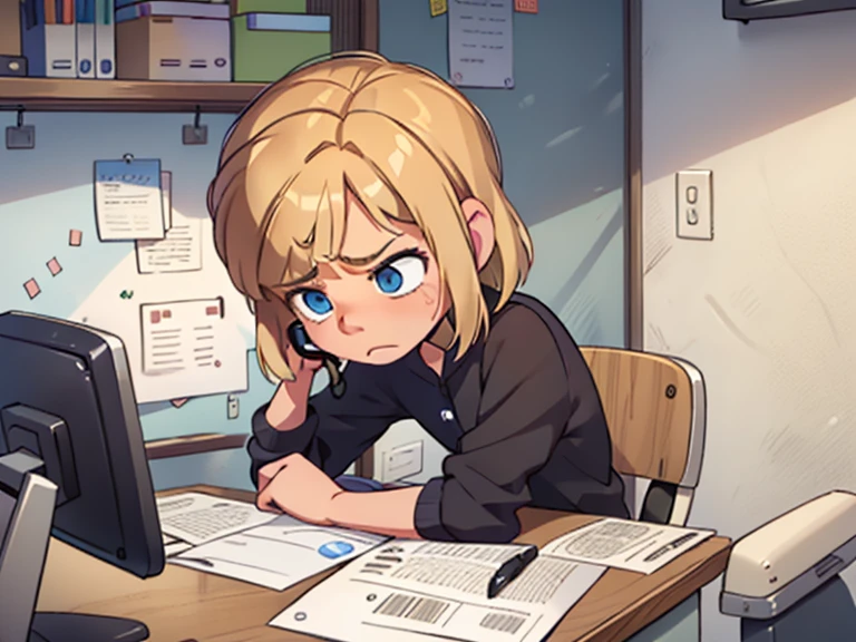 riley andersen, (1 girl), working en un call center, Blonde, blue eyes, short hair, sad face, alone in the office, working, sitting in an office chair, with a desk in front of her and a computer,